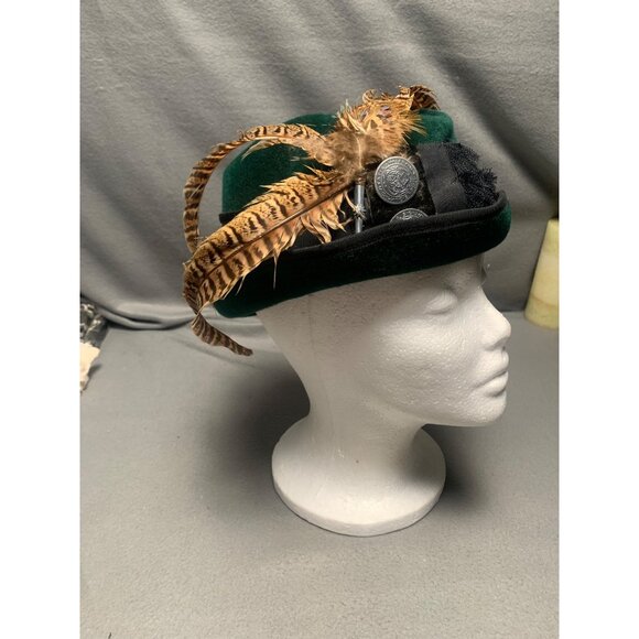 Tyrolean Green Felt Fedora Hat With Feather & Button Accents Size 22 - Picture 3 of 12